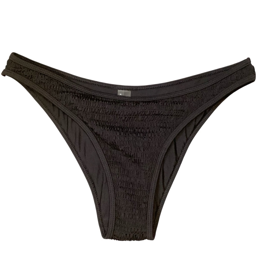 KENDALL + KYLIE Black Henley Size Large Cheeky Thong Bikini Swim Bottom‎ Ruched